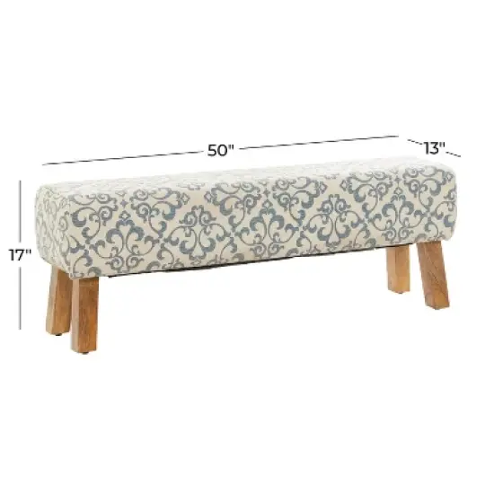 Bohemian Wood Upholstered Fabric Bench Large Cream - Olivia & May image {5}