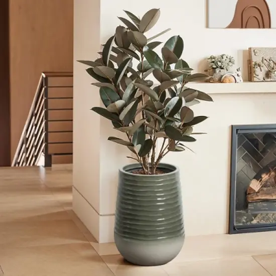 LuxenHome Decorative Resin Planter &ndash; Emerald Ribbed Top and Ivory Base with Drainage Hole image {4}