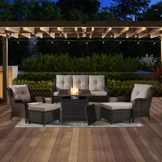 POCASSY 6PCS Patio Furniture Set with Square Fire Pit Table, All Weather Wicker Outdoor Conversation Set with Sofa, Patio Chairs, Firepit and Ottoman image {8}