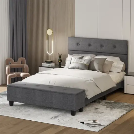 Costway Full Upholstered Bed Frame with Ottoman Storage Linen Button Tufted Headboard image {10}