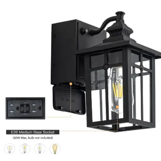 C Cattleya 11in Matte Black Dusk to Dawn Outdoor Wall Lantern Sconce with GFCI Outlet image {6}