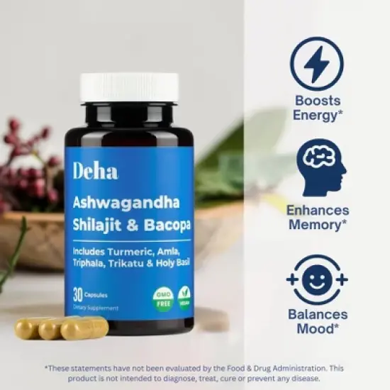 Deha Ashwagandha Shilajit Bacopa Capsules Stress, Energy & Immune Support with Turmeric, Amla & Triphala &ndash; 30 Ct Vegan, Non-GMO image {1}