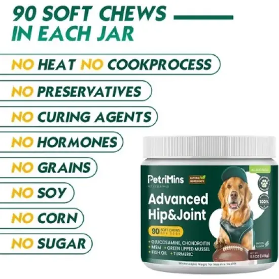 PetriMins Advanced Dogs Hip & Joint Supplement with Glucosamine & Chondroitin(Organic Turmeric, Egg Shell Membrane, Green Lipped Mussel)90 ct-Bacon image {6}