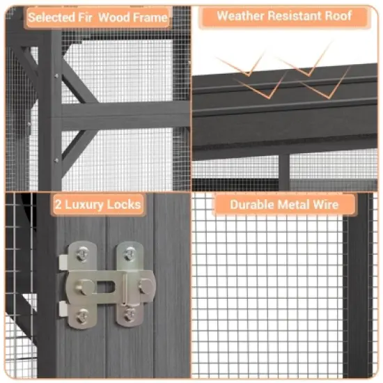 70" Large Wooden Cat Cage with Roof, Multi-Level Cat House with 4 Platforms, Hammock & Scratching Post image {6}