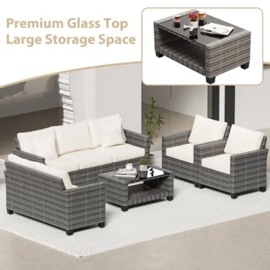 5-Piece Outdoor Patio Furniture Set with 7-Seating Capacity - All-Weather Wicker Sectional Sofa with Tempered Glass Coffee Table & Premium Cushions - image {5}