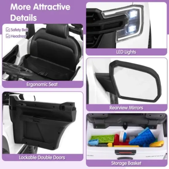 Infans 12V Licensed Ford Ranger Ride On Car for Kids, Spring Suspension, 3 Speeds, Horn, LED Lights, Powered Ride On Toy with Remote Control, White image {9}