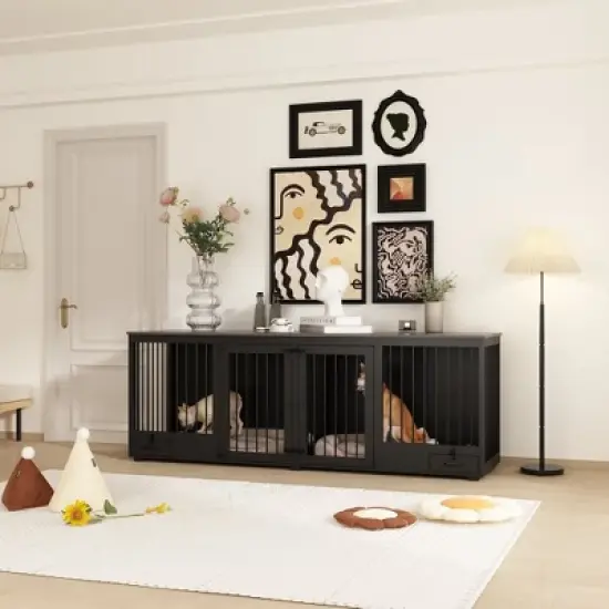 FUFU&GAGA 86.6" Dog Crate Furniture Wooden Dog Kennel with Room Divider and 2 Drawers image {1}