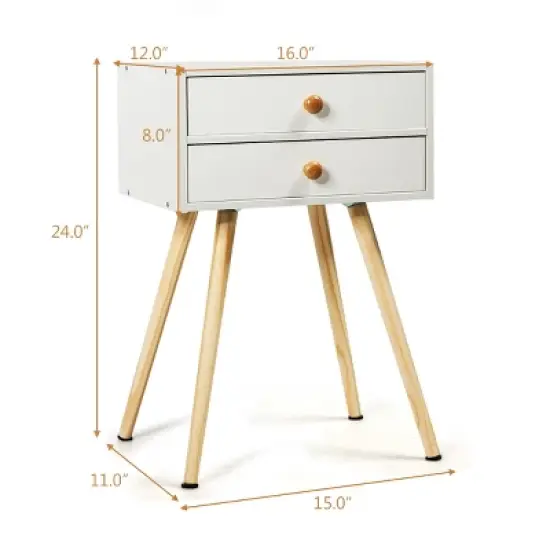 Costway 2PCS Mid Century Modern 2 Drawers Nightstand In White Sofa Side Table End Table image {1}