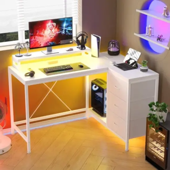 L Shaped Home Office Desk, Storage Shelves Gaming Computer Desk with Drawers & Shelves for Home Office image {7}