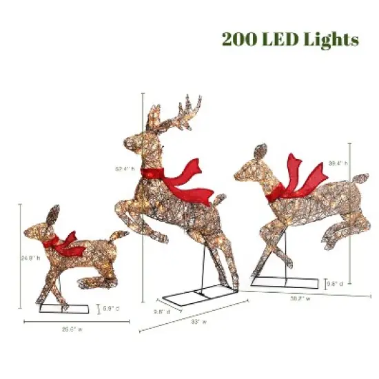 LuxenHome 3-Piece Natural and Plastic Rattan Running Reindeer Holiday Decoration Set with Lights Brown image {8}
