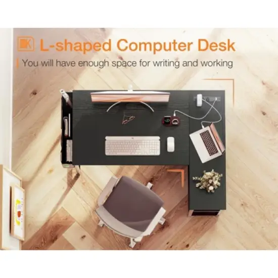 Itopfox L-Shaped Gaming Desk with Power Outlets, Reversible Shelves & PC Stand, Storage Bag for Home Office, Study Table for Small Spaces, Black image {5}