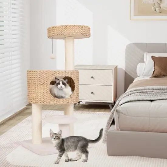 Tangkula Modern Cat Tree w/Top Perch Cattail Fluff Condo Cozy Nest Sisal Scratching Posts image {2}