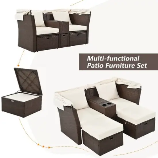 Outdoor Daybed, Double Daybed With Retractable Sunshade Canopy, Built-in Cup Holders And Storage Boxes, 2 Pillows, 2-Seater Sofa For Garden image {6}