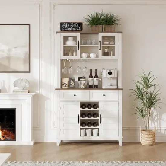 Acekool 72" Tall Kitchen Pantry Cabinet with Hutch, 4 Doors, 2 Drawers, Wine & Glass Rack, Adjustable Shelves, Large Buffet Storage,White image {7}