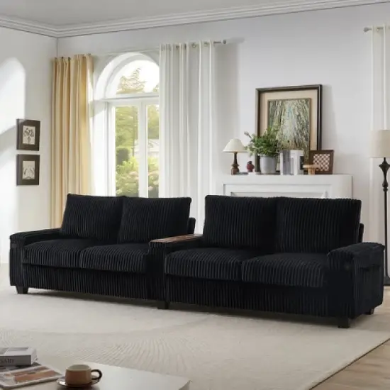 4-seater Corduroy Sofa Couch 133" Modern Sofa with USB Ports, Hidden Storage Arms, Flip-Top Cup Holders for Living Room, Black image {9}