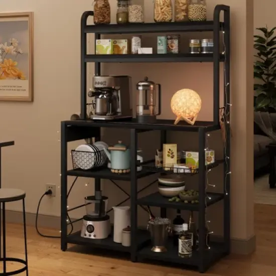 Bakers Rack with Power Outlet, Coffee Bar with Wire Drawer, Microwave Stand, Kitchen Baker Table with Large Storage image {3}