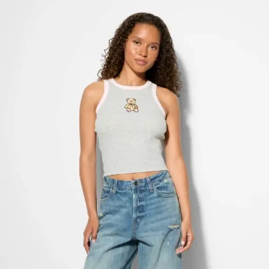 Women's Teddy Bear Graphic Tank Top - Light Gray image {1}