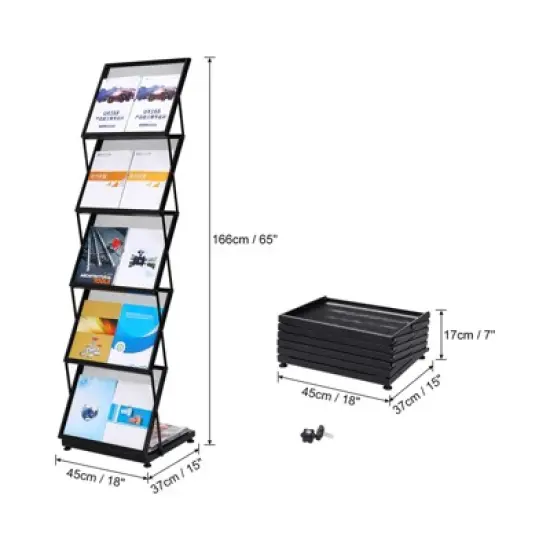 Unique Bargains Exhibition Foldable 5 Layers Brochure Magazine Display Racks with Wheels Black image {1}