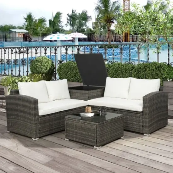 4pc Wicker Patio Conversation Set with Cushions - Gray/Beige - GODEER image {1}