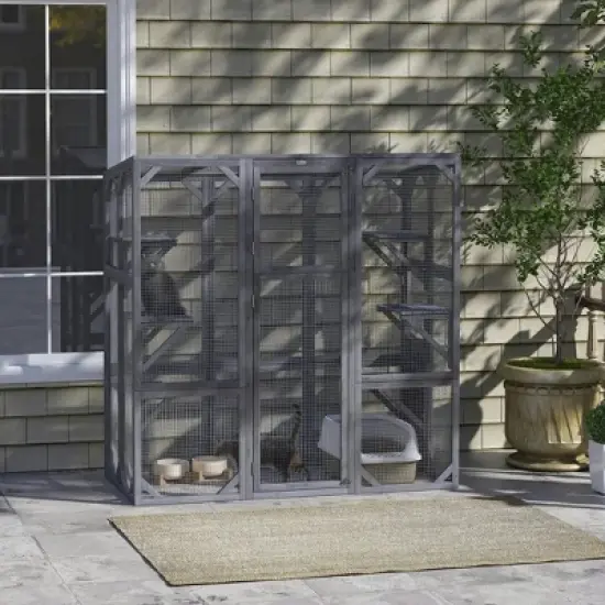 Resenkos Cat Cage, Cat Crate Kennel Enclosure Playpen,Large Wooden Catio Outdoor with 6 Jumping Platforms, Weatherproof Roof,Gray image {7}