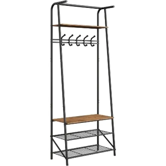 Coat Rack Shoe Bench with Double Row 8 Hooks, 3-Tier Shelf Entryway Hall Tree with Storage, Metal Frame Multifunctional Hallway Organizer, Hallway image {2}
