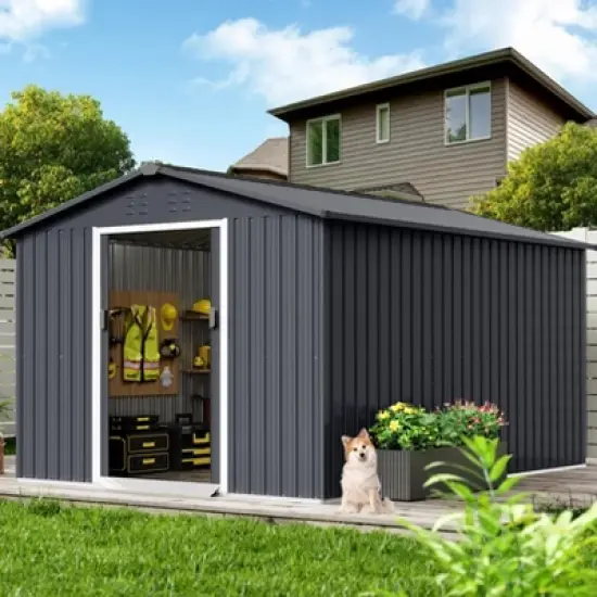 TROPOW 8x12 FT Outdoor Storage Shed, Metal Garden Shed with Lockable Door,and Sloped Roof, Utility Metal Tool Storage Sheds for Backyard, Gray image {7}