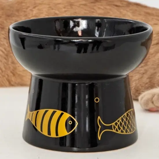 Dexypaws: Elevated Ceramic Cat Bowl, Black & Gold Fish, 7oz, Pet Feeding Dish image {5}