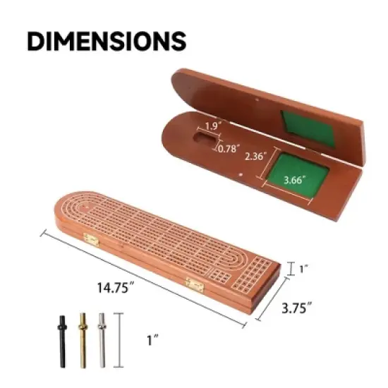 GSE 3-Track Wooden Cribbage Board Game with Playing Cards, 9 Metal Pegs, and Storage Area for Family Game image {4}