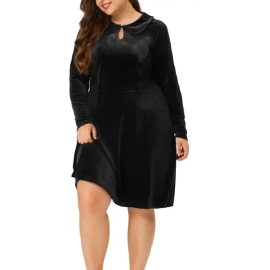Agnes Orinda Women's Plus Size Elegant Outfits Velvet Long Sleeve Peter Pan Collar Flare Midi Dress image {1}