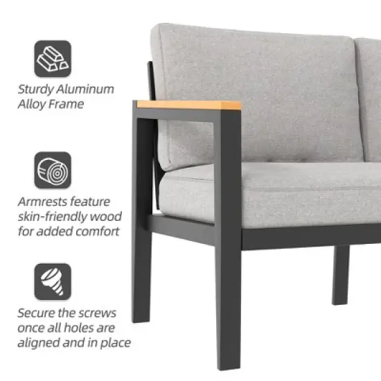 Garvee Outdoor Aluminum Furniture Set,4 Piece Patio Conversation Sets,Removable & Washable Cushion,Ink Color Tempered Glass Table Light Grey image {5}