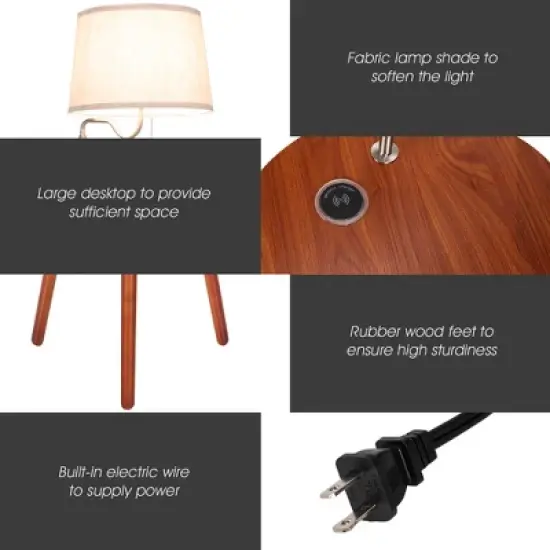Costway End Table Lamp Bedside Nightstand Lighting with Wireless Charger Natural\Coffee image {7}