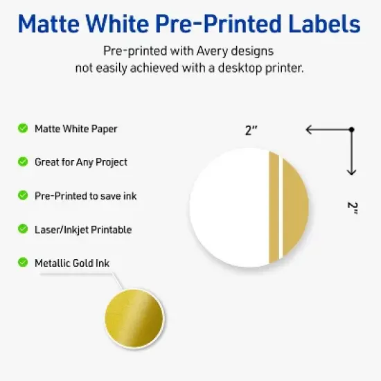 Avery Labels, 2" Diameter, Matte White, Double-Dipped Gold Edge, 120ct image {1}