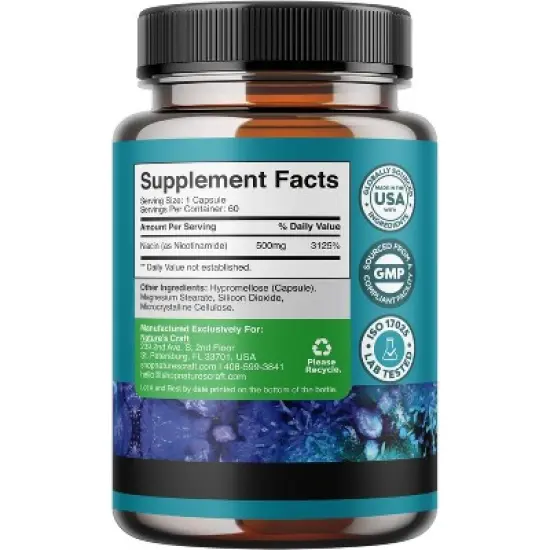 Vitamin B3 Nicotinamide 500mg Capsules, Mitochondrial Energy & Potent Skin Supplement, Flush Free Niacin Supplement, Nature's Craft, 60ct image {1}