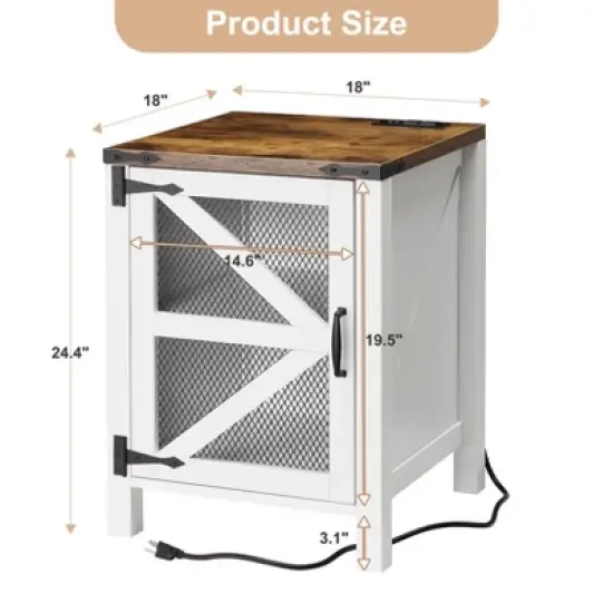 Nightstand with Charging Station, 18" Farmhouse Night Stand End Table with Barn Door, Rustic Wood Sofa Side Table with Storage image {1}