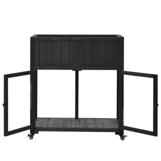 Outdoor Patio Fir Wood Mini Cold Frame,Polycarbonate Door Wooden Compact Garden Greenhouse with Wheels,Wooden Raised Bed with Liner-Coolbibila image {5}