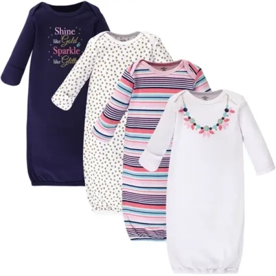Little Treasure Baby Girl Cotton Long-Sleeve Gowns 4pk, Sparkle Necklace, 0-6 Months image {1}