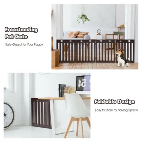 Costway 24'' Folding Wooden Freestanding Pet Gate Dog Gate W/360&deg; Hinge White/Espresso image {6}