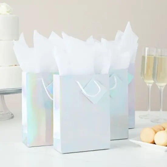 Sparkle and Bash 20 Pack Iridescent Small Gift Bags Bulk Metallic with White Tissue Paper, Holographic, 7.9 x 5.5 x 2.5 In image {1}