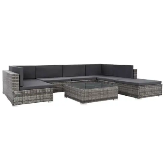 vidaXL Gray 8 Piece Patio Set - Poly Rattan Lounge with Cushions, Corner & Center Sofas, Coffee Table, and Ottoman - Indoor/Outdoor Garden Furniture image {1}
