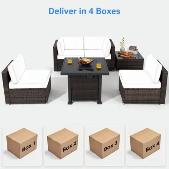 Tangkula 6 Piece Patio Wicker Conversation Set, Outdoor Rattan Sofa Set w/ 32" Propane Fire Pit Table, 50,000 BTU Heat, Tempered Glass Tabletop Black/Navy Blue/Red/Turquoise/Off White image {7}