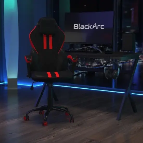 BlackArc High Back Gaming Chair with Red and Black Faux Leather Upholstery, Adjustable Swivel Seat and Padded Flip-Up Arms image {1}