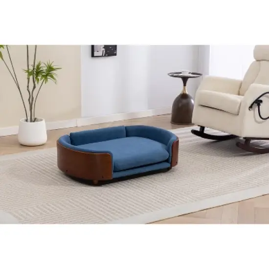 Scandinavian style Elevated Dog Bed Pet Sofa With Solid Wood legs and Walnut Bent Wood Back, Velvet Cushion,Large Size image {7}