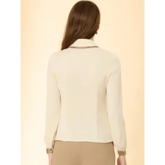 Allegra K Women's Contrast Collar Long Sleeve Office Button Down Shirts image {2}