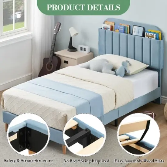 Twin Bed Frame with Bookcase Headboard, Velvet Upholstered Platform - Wooden Slat Support, Noise-Free, No Box Spring Needed, Easy Assembly image {2}