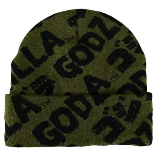 Godzilla Olive and Black Logo AOP Magic Jacquard Embroidered Beanie Hat for Men image {1}