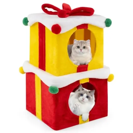 Tangkula 2-Storey Cute Christmas Cat House w/ Bow 2 Condos Indoor Cat Furniture Modern image {10}