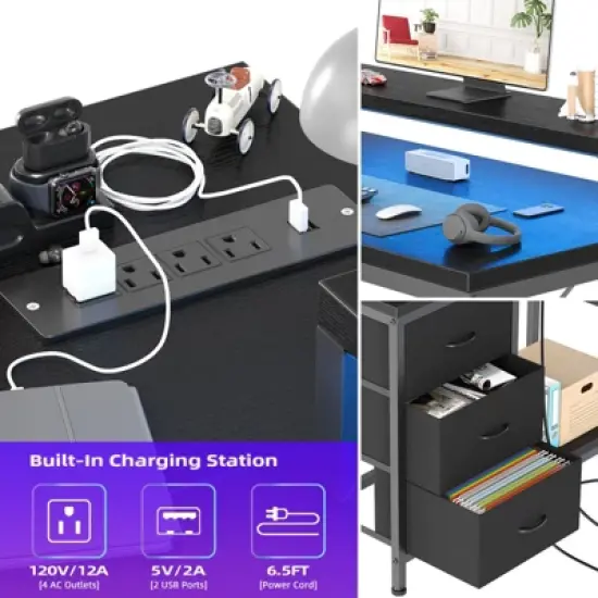L Shaped Desk with Power Outlets & LED Lights, Computer Desk with Drawers & Shelves, Corner Desk Gaming Desk Home Office Desk image {3}