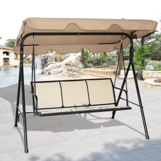 Costway 3 Person Outdoor Patio Swing Canopy Awning Yard Furniture Hammock Steel Beige image {2}