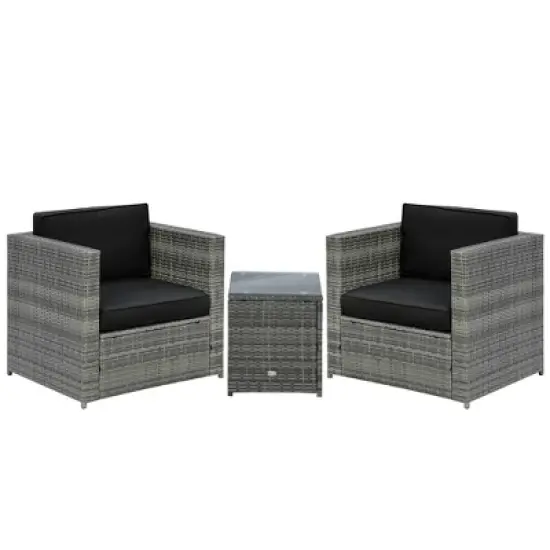 Outsunny 3-Piece Patio Wicker Bistro Set, Outdoor All-hand Weave PE Rattan Conservatory Garden Porch Furniture w/ Cushions & Coffee Table image {6}