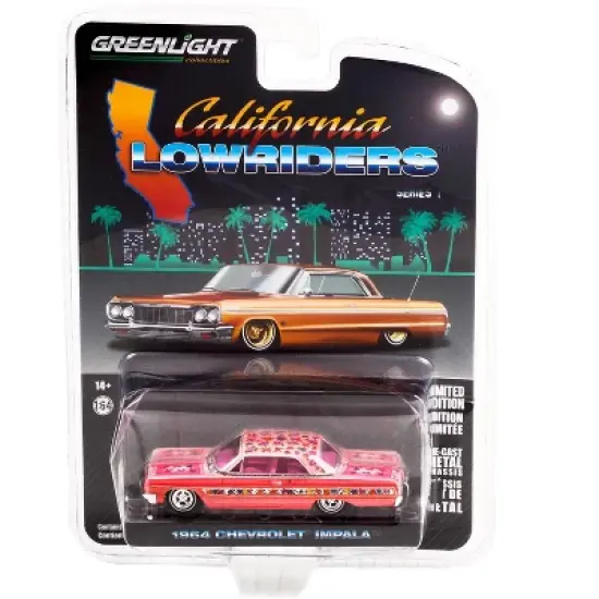 1964 Chevrolet Impala Lowrider Pink Metallic with Rose Graphics and Pink Interior 1/64 Diecast Model Car by Greenlight image {2}